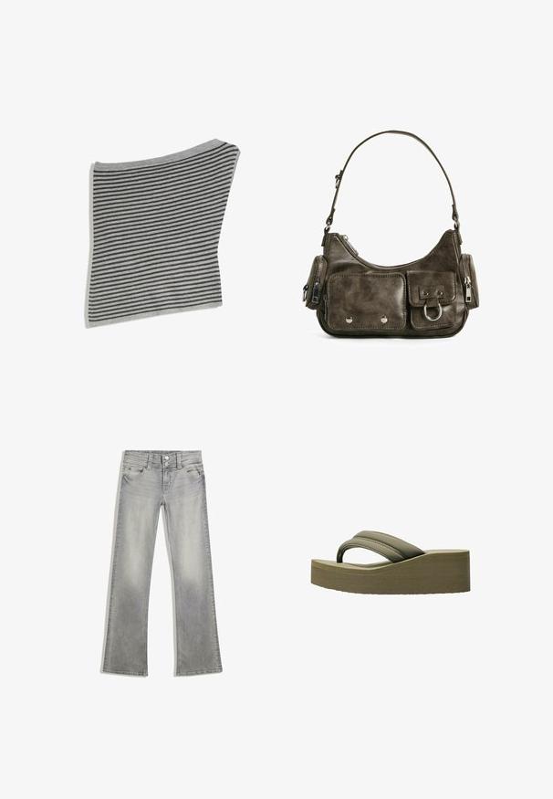 Grau-schwarz gestreifter gestrickter Halswärmer mit einer gebogenen oberen Kante, flach auf einem weißen Hintergrund liegend.; Graue Jeans mit Schlag im verwaschenen Look, mit einem Knopfverschluss, fünf Taschen und genähten Details entlang des Taillenbundes und Saums.; Olivgrüne Plattformflip-Flops mit einem breiten Riemen und strukturierten Sohle, ausgestattet mit einer glatten Oberfläche und einem geschwungenen Design für zusätzlichen Komfort.; Dunkelgrüne Lederhandtasche mit geschwungener Form, Reißverschlussfächern und Taschen auf der Vorderseite mit Klappe. Ausgestattet mit silberfarbenen Beschlägen und strukturierter Oberfläche.