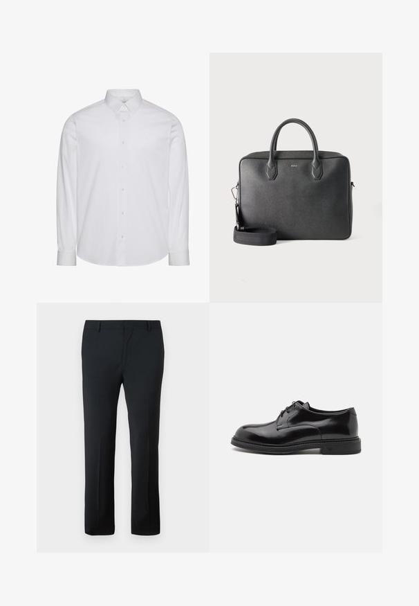 Camisa blanca de manga larga con botones, hecha de algodón. Presenta un cuello estándar, tapeta frontal con botones y dobladillo redondeado. Logo de la marca discreto.; Pantalones tailored negros con una textura suave, diseño de pierna recta, cintura segura y sin patrones o adornos visibles.; Zapato de vestir de cuero negro con un acabado suave, punta redondeada y cordones. Cuenta con una suela negra gruesa y un sutil detalle de costura a lo largo del borde.; Maletín de cuero negro con dos asas superiores, correa de hombro desmontable y pequeño logo BOSS en el centro delantero sobre fondo liso.