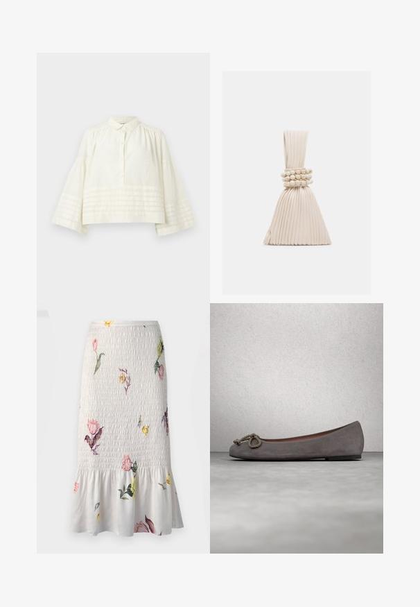 Blusa blanca de manga larga y corte holgado, con mangas anchas, cierre frontal con botones, cuello pequeño y pliegues horizontales cerca del dobladillo y los extremos de las mangas.; Falda midi blanca con parte superior fruncida y estampados florales en rosa, amarillo y verde, con dobladillo fruncido.; Bailarinas de ante gris con puntera redonda, adorno de cuerda anudada y un sutil ribete en contraste a lo largo del borde. Suela plana y flexible.; Pequeño bolso beige plisado con un asa anudada y tres pulseras de cuentas redondas envueltas alrededor del centro.