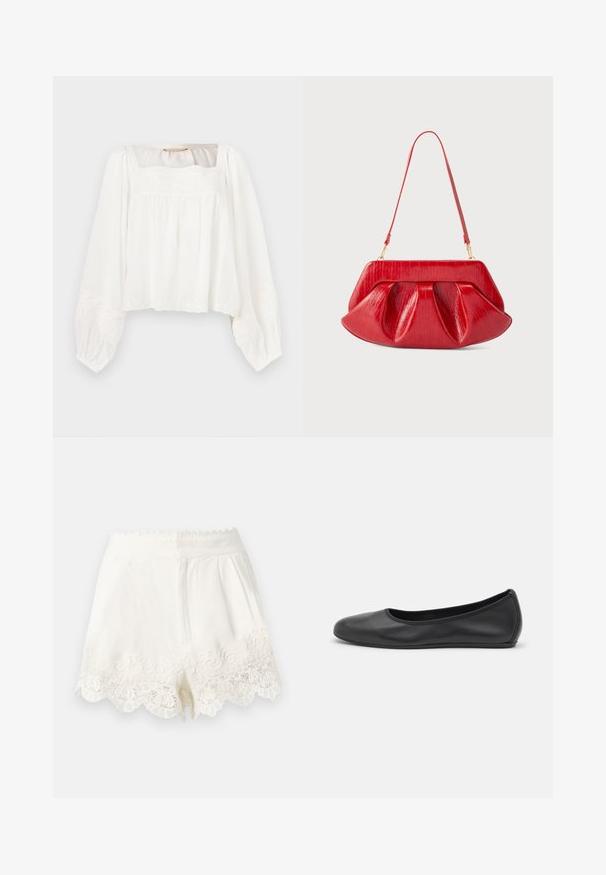Weiße Bluse mit langen Ärmeln, quadratischem Ausschnitt, weiter Passform und zarten, gestickten Blumenmotiven auf Brust, Bündchen und Saum.; Weiße High-Waist-Shorts mit gewellten Kanten und filigranen Spitzenstickereien am Saum, ausgestattet mit einem verdeckten Reißverschluss vorne.; Schwarze Leder-Ballettschuhe mit abgerundeter Spitze, glatter Textur, minimalen Nähdetails und einem flexiblen Sohlen-Design.; Rote Leder-Umhängetasche mit strukturiertem Rahmen, plissiertem Körper und dünnem, verstellbarem Riemen vor einfarbigem Hintergrund.
