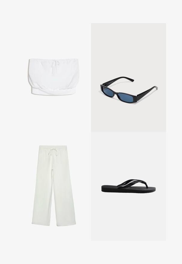 Top tube blanc sans bretelles avec un cordon de serrage au centre et un ourlet élastiqué en bas.; Pantalons larges blancs en tissu doux. Dotés d'une taille élastique avec cordon de serrage et d'une texture lisse. Aucuns motifs visibles ni éléments en métal.; Tongs en caoutchouc noir avec semelle texturée et bride en Y lisse sur un fond clair uni.; Lunettes de soleil noires avec une monture rectangulaire élégante et des verres bleus. Présente une texture lisse et des branches robustes. Logo de la marque sur le côté.