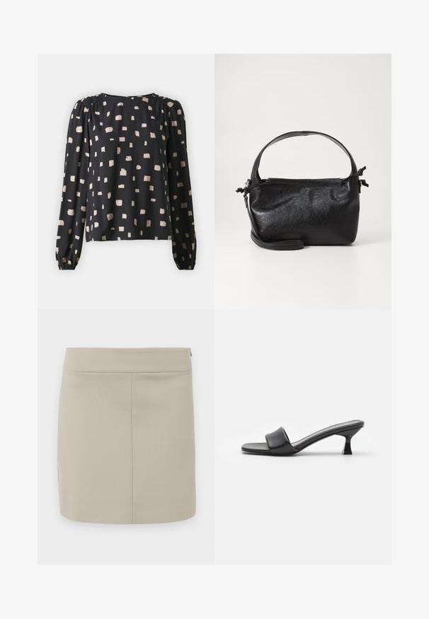 Blouse noire à manches longues avec poignets élastiques, présentant un motif à blocs crème dispersés. Tissu lisse avec une coupe décontractée et un col rond.; Jupe mini beige en tissu lisse, présentant une coupe droite, un design simple et une fermeture éclair cachée sur le côté.; Mules noires à talons avec une tige en cuir lisse et mat, orteils ouverts, large sangle sur le cou-de-pied et talon carré fin.; Sac à main en cuir noir au design structuré, avec une poignée arrondie et une bandoulière amovible. Présente une texture lisse et un éclat subtil.