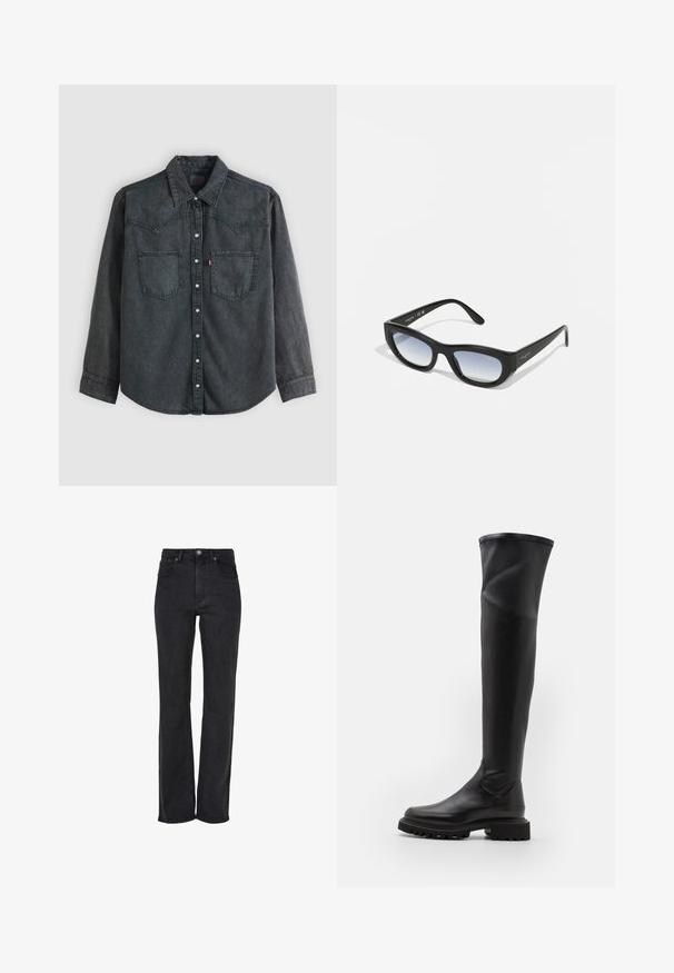 Mørkegrå denimskjorte med lange ærmer, knaplukning foran, to brystlommer, spids krave og vestlig-inspireret sømme på skulderpartiet.; Sorte straight-leg jeans, højtaljede, lavet af denim, med en frontlukning med knap og fem-lomme design med subtile syninger.; Sorte over-knæ støvler i glat syntetisk materiale, chunky sål og rund tå. Har et sømløst design og en høj, fleksibel skaft.; Sorte solbriller med en kraftig ramme, rektangulær form og gradient linser. Har mærkenavnet "vogue" på stangen.