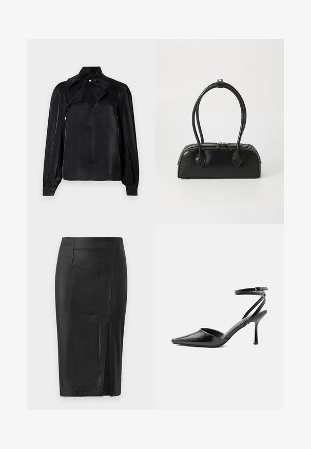 Blouse noire avec un col à nouer et des manches longues. Fabriquée en tissu lisse avec un léger éclat. Présente un décolleté en trou de serrure et des manches à poignets.; Jupe crayon noire avec une texture lisse et soyeuse, dotée d'une fente latérale et de coutures ajustées, conçue pour épouser la silhouette.; Escarpin noir à bout pointu avec fines brides de cheville et fermeture à boucle argentée sur fond clair uni.; Sac à main en cuir noir avec deux anses allongées, fermeture éclair et forme arrondie ; texture lisse avec une finition légèrement brillante.