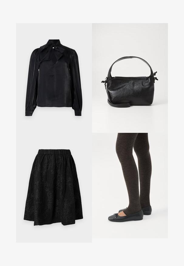 Sort bluse med bindebånd i kraven og lange ærmer. Lavet af glat stof med en let glans. Har en nøglehulsudskæring og manchetter ved ærmerne.; Sort nederdel med elastisk talje, prydet med teksturerede blomsterdesigns. Stoffet ser let og en smule krøllet ud.; Ben iført mørke ribbede leggings kombineret med sorte balletsko med små sløjfedetaljer på hvid baggrund.; Sort læderhåndtaske med et struktureret design, rund tophåndtag og aftagelig skulderrem. Den har en glat tekstur og en subtil glans.