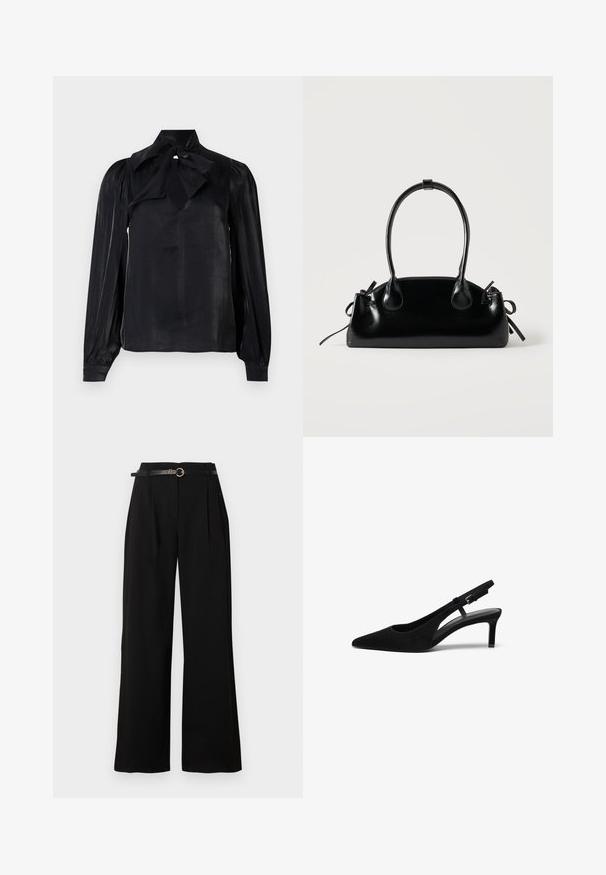 Blusa negra con cuello de lazo y mangas largas. Confeccionada en una tela lisa con un ligero brillo. Presenta un escote en forma de lágrima y mangas con puños.; Pantalones negros de tiro alto y pernera ancha con pliegues delanteros y un cinturón negro estrecho con una hebilla redonda dorada.; Zapato slingback de ante negro con punta afilada, tacón bajo, lado abierto y correa ajustable con hebilla de metal. Textura suave.; Pequeño bolso negro brillante con dos asas largas y detalles de cordón lateral sobre un fondo claro liso.