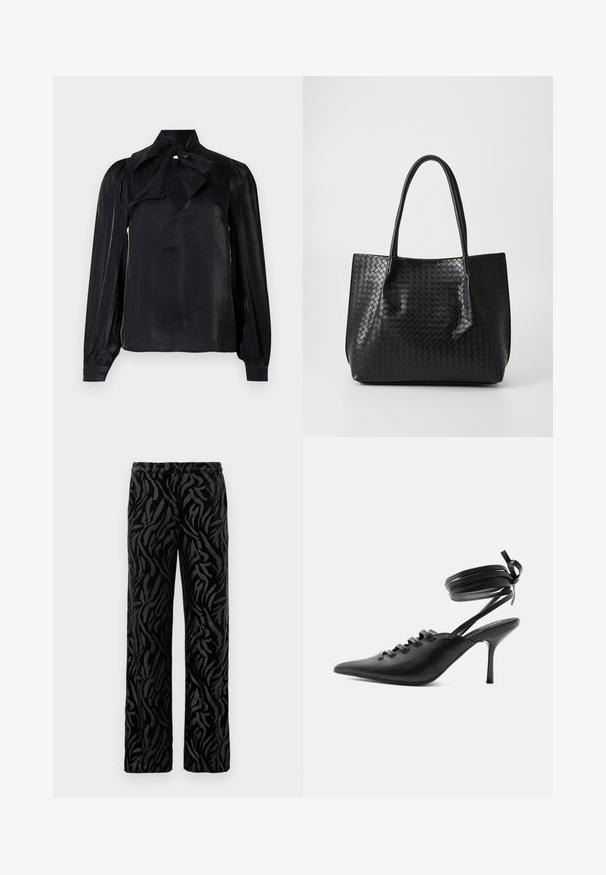 Blusa negra con cuello de lazo y mangas largas. Confeccionada en una tela lisa con un ligero brillo. Presenta un escote en forma de lágrima y mangas con puños.; Pantalones negros con un patrón texturizado y en espiral. Fabricados con un material suave, tienen un corte de pierna recta y una cinturilla elástica para mayor comodidad.; Zapato de tacón alto negro con punta puntiaguda, con cordones en la parte delantera y correas que rodean el tobillo atadas con un lazo, mostrado de lado sobre un fondo blanco.; Bolso tote de cuero trenzado negro con dos asas, forma estructurada y un sutil acabado brillante sobre un fondo claro.