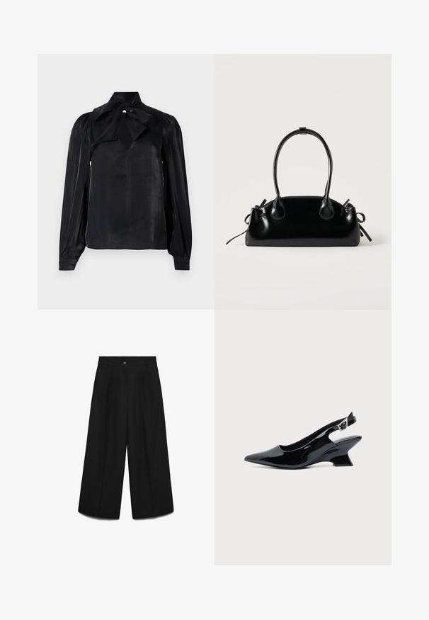 Blouse noire avec un col à nouer et des manches longues. Fabriquée en tissu lisse avec un léger éclat. Présente un décolleté en trou de serrure et des manches à poignets.; Pantalon noir taille haute sur mesure avec plis sur le devant, fermeture par un bouton unique et passants de ceinture, présenté sur un fond gris clair.; Chaussure slingback en cuir verni noir avec bout pointu et petit talon bloc incliné sur fond clair uni.; Petit sac à main noir brillant avec deux longues anses et des détails à cordon sur les côtés sur un fond clair uni.