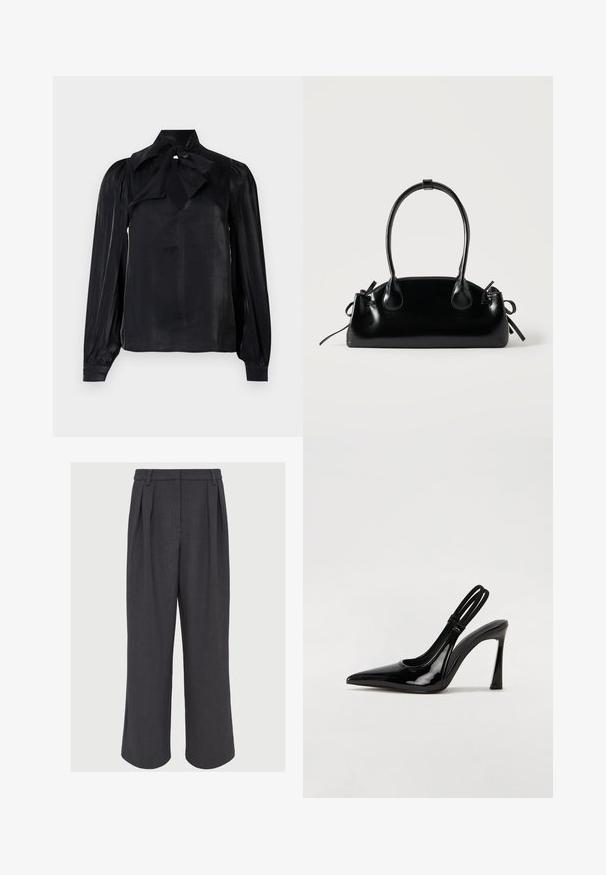 Blusa negra con cuello de lazo y mangas largas. Confeccionada en una tela lisa con un ligero brillo. Presenta un escote en forma de lágrima y mangas con puños.; Pantalones de pierna ancha en tela gris oscuro, con pliegues frontales, una textura suave y una cinturilla ajustada con trabillas para cinturón.; Zapato de tacón con tirante en negro de charol, punta afilada, tacón alto y delgado, y doble tira elástica para un ajuste seguro. Superficie suave y brillante.; Pequeño bolso negro brillante con dos asas largas y detalles de cordón lateral sobre un fondo claro liso.