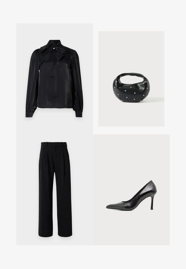 Schwarze Bluse mit einem Krawattenkragen und langen Ärmeln. Hergestellt aus glattem Stoff mit leichtem Glanz. Besitzt einen Schlüssel-ausschnitt und geknöpfte Ärmel.; Schwarze, hochtaillierte, maßgeschneiderte Hose mit weitem Bein, Gürtelschlaufen und vorderen Falten auf weißem Hintergrund.; Schwarzer Damenspitzschuh aus Lackleder mit spitzer Zehenpartie und schlankem Absatz auf hellem, schlichter Hintergrund.; Schwarze Lederhandtasche mit abgerundeter Form, verziert mit silbernen Nietenakzenten und kurzem Griff. Glatte Struktur und Reißverschlussverschluss.