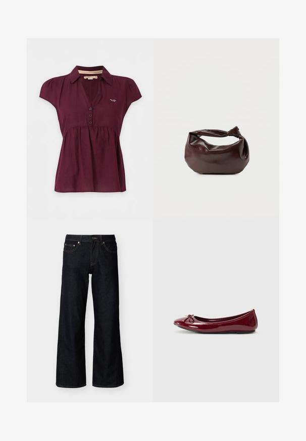 Blouse violet foncé à manches courtes avec col, trois boutons sur le devant et un petit logo blanc sur la poitrine gauche.; Jean denim bleu foncé à jambes larges avec bouton frontal, fermeture éclair et style cinq poches sur fond clair uni.; Ballerines en vernis bordeaux brillant, avec un bout arrondi et un petit nœud sur le devant. Texture lisse, petit talon.; Sac bandoulière en cuir marron foncé avec une forme souple et décontractée et une anse nouée torsadée sur un fond blanc uni.
