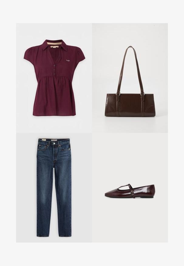 Blouse violet foncé à manches courtes avec col, trois boutons sur le devant et un petit logo blanc sur la poitrine gauche.; Jeans droits bleu foncé avec cinq poches, fermeture à bouton et à glissière, et surpiqûre contrastante.; Chaussure plate en cuir bordeaux foncé avec un bout pointu et une fine bride en T avec une boucle argentée sur fond blanc.; Sac à main en cuir verni marron de forme rectangulaire, avec deux longues poignées et des accents courbés subtils à l'avant.