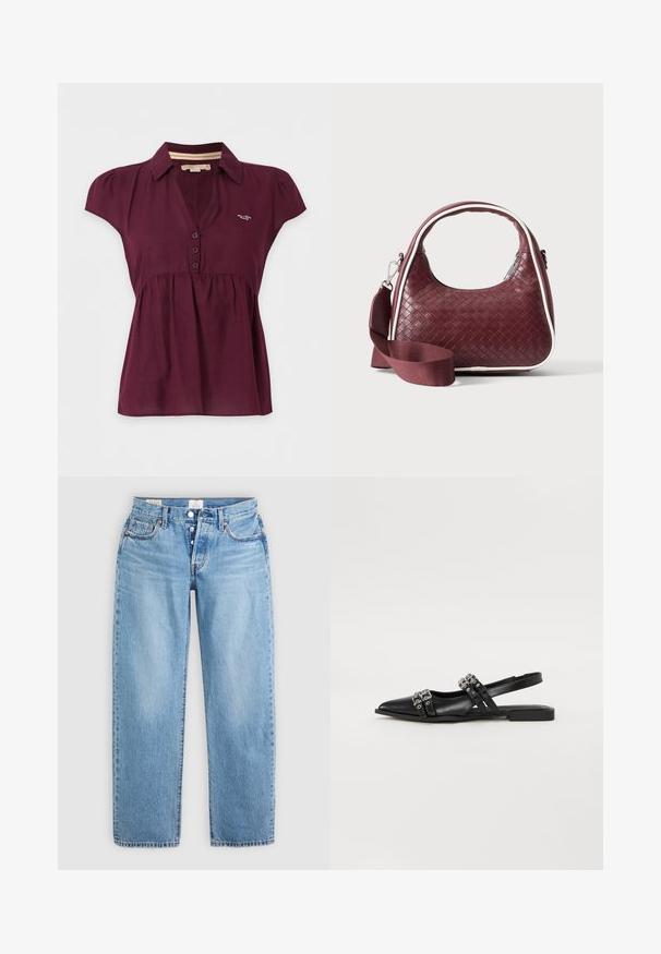 Kortærmet mørkelilla bluse med krave, tre knapper foran og et lille hvidt logo på venstre bryst.; Lysblå denim jeans med lige snit, fem lommer og knaplukning. Har syet detaljer og en ren kant.; Even&Odd by Zalando Slingback-ballerinasko - black; Mørkerød vævet lædertaske med buet hank, hvid kant, sølv lynlås og aftagelig bred stofskulderrem mod en ensfarvet baggrund.