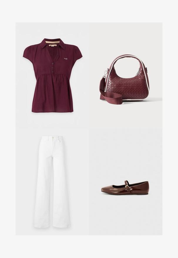 Blusa morado oscuro de manga corta con cuello, tres botones en la parte delantera y un pequeño logo blanco en el pecho izquierdo.; Jeans ancho blancos en tela de mezclilla con una cintura alta, que cuentan con bolsillos frontales, trabillas para cinturón y un cierre de botón. Textura suave, sin patrones.; Bailarina de charol marrón con punta cuadrada y tira que presenta una pequeña hebilla dorada. Textura suave, tacón bajo y diseño minimalista.; Bolso de mano de cuero tejido color granate con asa curva, ribete blanco, cremallera plateada y correa desmontable de tela ancha para el hombro sobre fondo liso.
