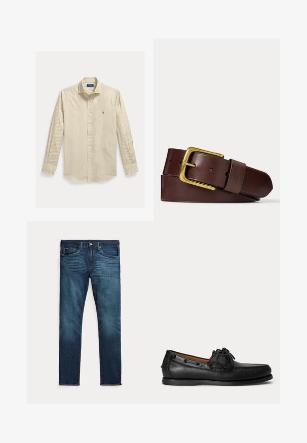 Langærmet skjorte med beige og hvide lodrette striber, krave og Polo Ralph Lauren-logo broderet på brystet.; Mørkeblå slim-fit jeans med frontknap og lynlås, fem lommer og subtil falmen på forreste lår og knæ.; Sort lædermoccasin med snøredetalje og lav gummisål, vist fra siden på ensartet lys baggrund.; Brunt læderbælte, snoet med et gyldent rektangulært spænd og en læderløkke med et præget hest og rytter logo.