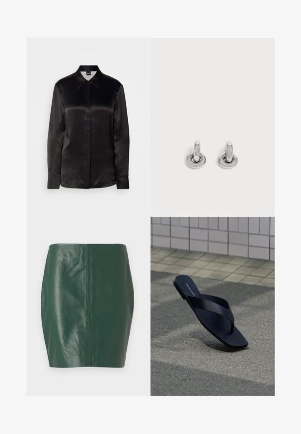 Schwarze Satin-Hemd mit langen Ärmeln, spitzem Kragen, vorderem Knopfverschluss und Manschetten. Glatte Textur und minimalistisches Design.; Grüne Leder-Minirock mit glatter Textur und figurnaher Form. Verfügt über ein nahtloses Design ohne sichtbare Verschlüsse oder Beschläge.; Schwarze Tanga-Sandale mit quadratischer Spitze und Markenschriftzug auf dem Fußbett, aufrecht auf strukturiertem Pflaster nahe einer gefliesten Wand platziert.; Paar kleine, glänzende silberne Creolen mit rundem Sockel, auf einfachem hellem Hintergrund präsentiert.