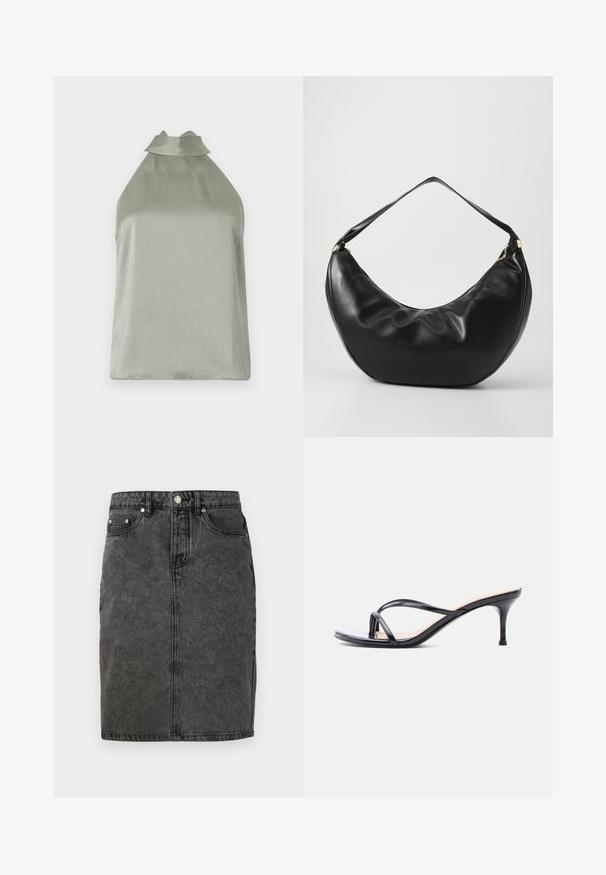 Halter-neck top i blødt, struktureret lysegrønt stof med en subtil glans, der har en attraktiv krave og en løs pasform.; Sort denimnederdel med lige pasform, forreste knaplukning, bæltestropper og subtilt falmet tekstur med to sidelommer.; Sort laklædersandal med hæl, tynde krydsede remme og en slank mellemhøj stilethæl på en hvid baggrund.; Sort læder skuldertaske med en buet form, blød tekstur og en enkelt rem; har en guldbeslået lynlås og diskret branding.