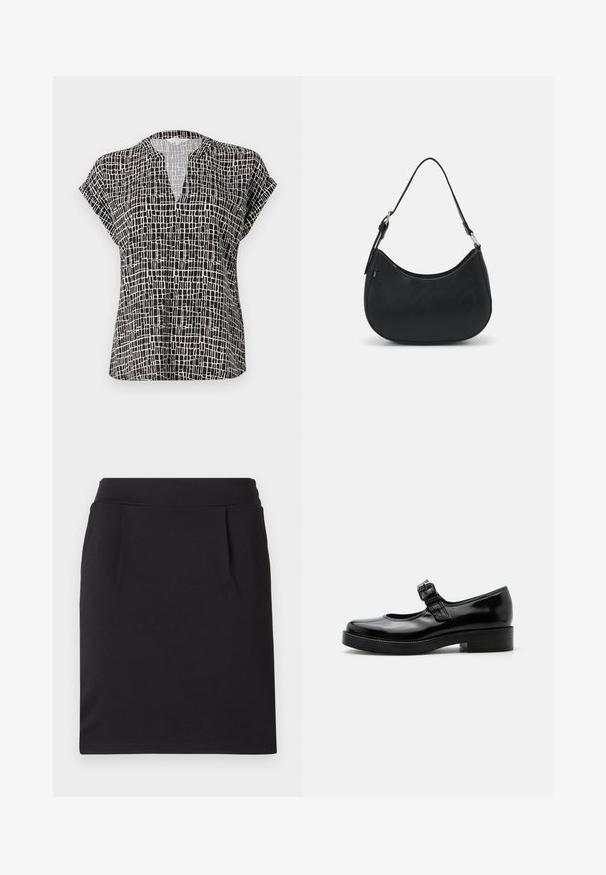 Blouse à manches courtes en noir avec un motif à carreaux. Dotée d'un col en V et d'une coupe décontractée. Fabriquée en tissu léger avec une texture lisse.; Jupe crayon noire longueur genou avec une large ceinture et de subtils plis devant, faite en tissu lisse.; Chaussure Mary Jane en cuir verni noir avec bout rond, petit talon bloc et bride réglable avec boucle sur le coup de pied.; Sac hobo noir en cuir lisse avec une silhouette arrondie, doté d'une seule sangle ajustable et de détails de design minimalistes.