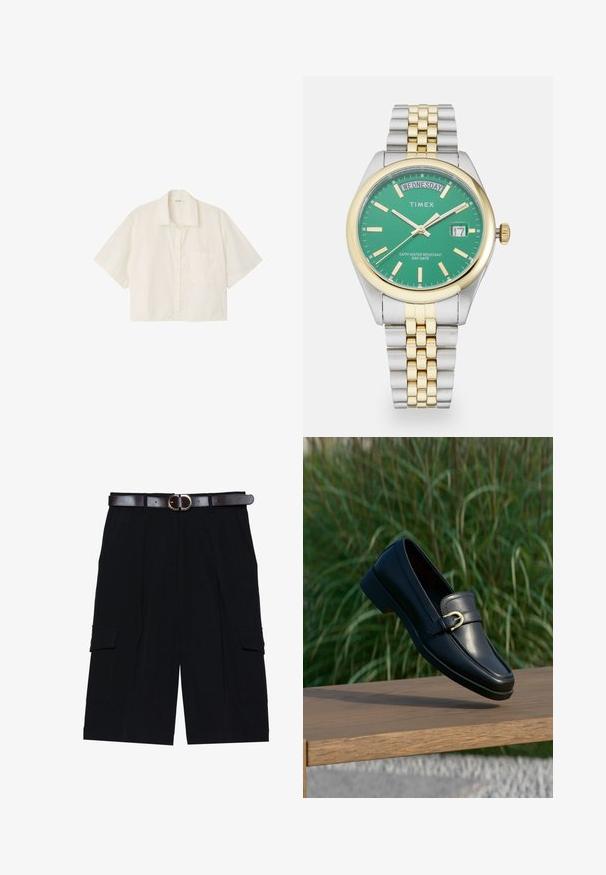 Kortærmet, off-white skjorte med knapper, krave og brystlomme, vist fladt på hvid baggrund.; Sorte cargo shorts lavet af letvægtsstof, med lige snit, sidelommer og et brunt læderbælte med en sølvspænde.; Sort læderloafer med guldbeklædt spænde, der svæver over en træbænk, grøn græsmark sløret i baggrunden.; Sølv- og guldtonet rustfrit stål ur med en grøn urskive, der har datovisning, markerede dage og et to-tonet urrem.