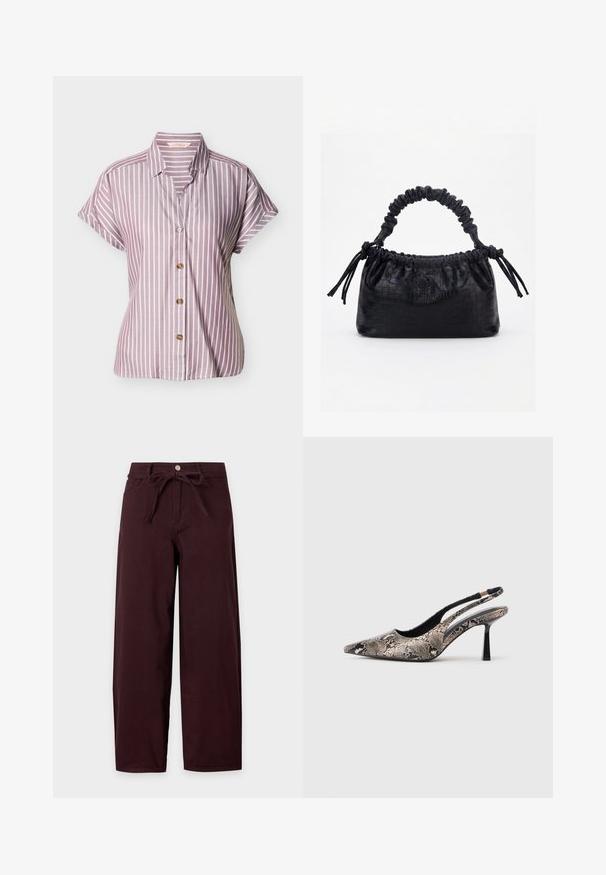 Chemise à manches courtes avec boutons, à rayures blanches verticales sur fond mauve, coupe décontractée et col pointu.; Pantalon taille haute à jambes larges en bordeaux foncé avec boutons sur le devant, fermeture éclair, poches latérales et ceinture en tissu assorti nouée en nœud à la taille.; Chaussures slingback à bout pointu en matériau à imprimé serpent texturé, avec un talon noir fin et un design découpé sur les côtés.; Sac à main noir avec texture crocodile, bord supérieur froncé, poignée plissée et pompons à cordon de chaque côté sur fond blanc.