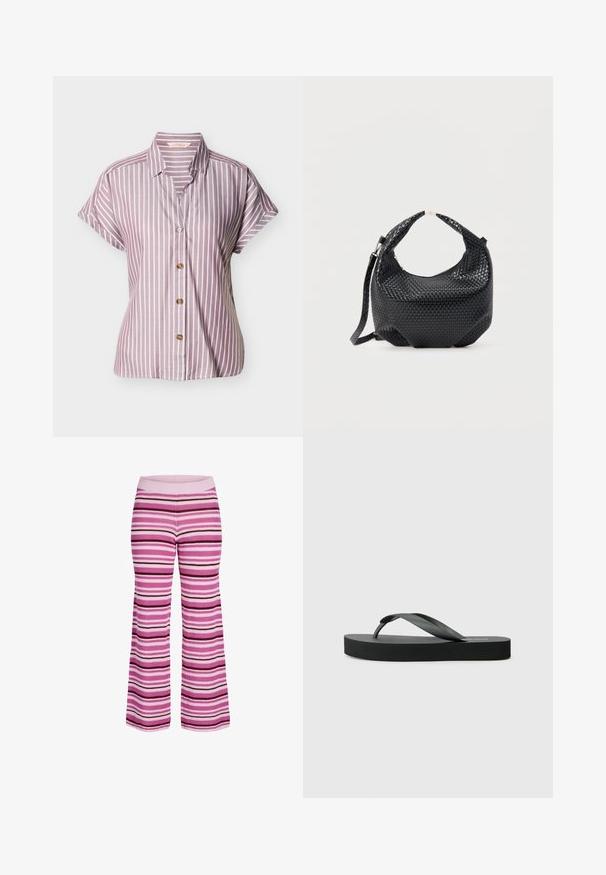 Kortærmet skjorte med knapper, med lodrette hvide striber på en mauve baggrund, afslappet pasform og spids krave.; Strikkede bukser med horisontale striber i nuancer af pink, lilla og hvid, med ribbet elastik i taljen og vide ben.; Sort flip-flop med flad gummisål og tyndt remdesign. Den øverste rem er let buet, hvilket giver et minimalistisk udseende.; Sort flettet læderhåndtaske med kort håndtag og aftagelig skulderrem, vist mod en ensfarvet lys baggrund.