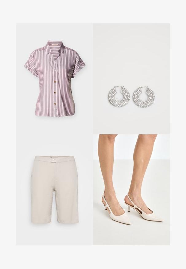 Camisa de manga corta con botones, con rayas blancas verticales sobre fondo malva, ajuste relajado y cuello puntiagudo.; Shorts de algodón beige con cierre de botón, dos bolsillos laterales y un corte recto. Presentan una textura suave y un diseño simple.; Tacones slingback de charol beige con punta afilada y un tacón de 5 cm, con lados recortados y una delgada correa en el tobillo.; Aros de plata en forma de aro adornados con múltiples embellishments de cristal transparente, con una superficie texturizada y un diseño circular abierto.
