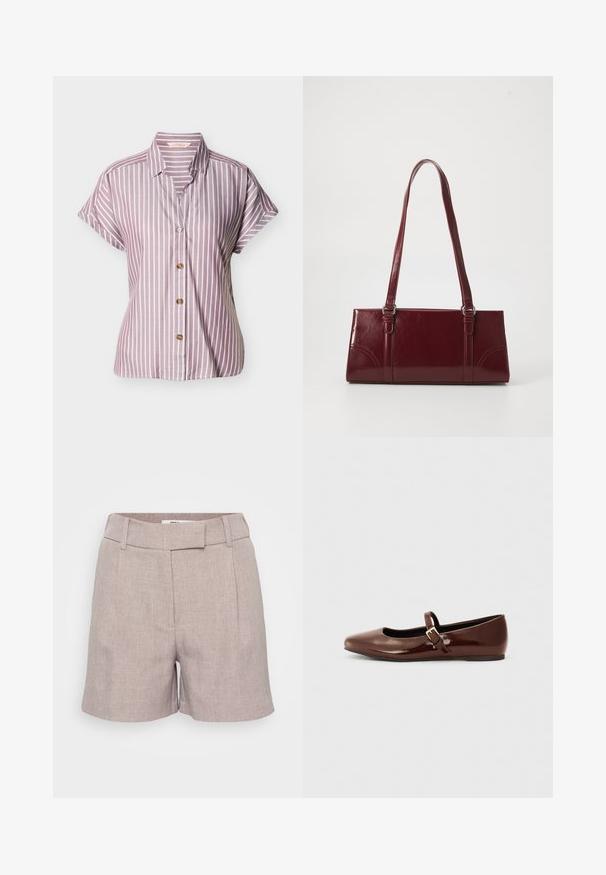 Kortærmet skjorte med knapper, med lodrette hvide striber på en mauve baggrund, afslappet pasform og spids krave.; Lysegrå linnedshorts med en struktureret overflade, der har en flad front, bæltestropper og sidelommer. Skræddersyet pasform med knælængde.; Brun patentlæder balletflade med firkantet tå og strop med en lille guldbuckle. Glat tekstur, lav hæl og minimalistisk design.; Bordeaux håndtaske lavet af glansfuldt materiale, rektangulær form, med to skulderremme og subtile buede detaljer på forsiden.