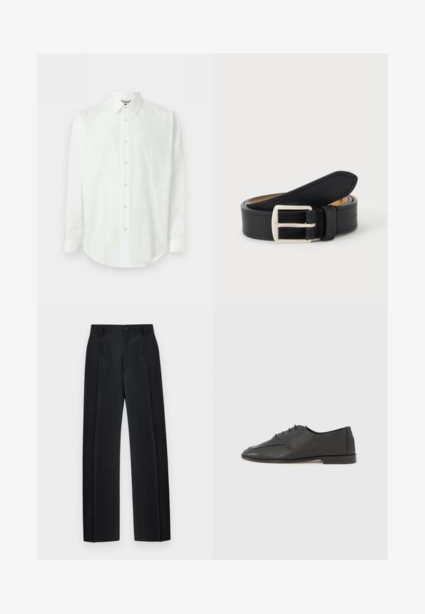 Chemise blanche à manches longues avec devant boutonné, col classique et poignets, présentée sur un fond clair uni.; Pantalon noir ajusté à jambes droites avec plis devant, passants pour ceinture et fermeture par bouton à la taille.; Chaussure Oxford noire en cuir avec lacets, surface texturée et petit talon, vue de profil sur un fond gris clair uni.; Ceinture en cuir noir roulée avec une boucle en métal argenté rectangulaire visible sur un fond clair uni.