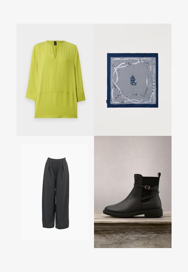 Tunique vert citron à manches longues avec fente en V et coupe décontractée, en tissu lisse.; Pantalons évasés en gris foncé, avec une taille haute, des plis avant et une texture de tissu lisse. Conception ajustée avec une coupe décontractée.; Bottine en cuir noir avec une sangle à boucle latérale sur une surface en bois, arrière-plan flou de verdure et de gravier blanc.; Foulard carré bleu marine avec fines rayures verticales blanches, motif bride équestre blanche autour des bords et monogramme entrelacé "RL" au centre.