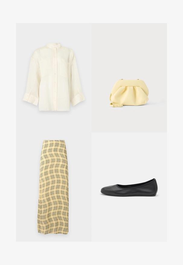Blouse crème à manches longues avec boutons sur le devant, deux poches plaquées et un col montant, présentée sur un fond clair uni.; Rabanne Jupe longue - green/yellow/cream; Ballerines en cuir noir avec un bout rond, texture lisse, détails de couture minimalistes et design de semelle flexible.; Pochette en cuir jaune doux avec un design froncé et une bandoulière amovible, posée sur un fond clair uni.