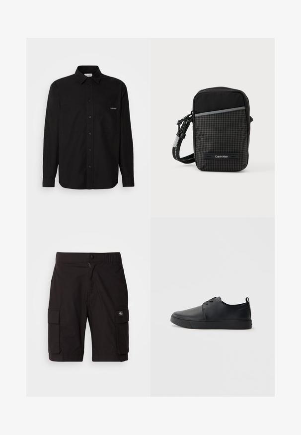 Sort langærmet skjorte lavet af bomuld, med knaplukning foran, to brystlommer og et lille logo på den venstre lomme.; Svarte cargo-shorts lavet af letvægtsstof. Har knap- og lynlåslukning, to sidelommer til cargo og syningdetaljer.; Sorte lædersneakers med en glat finish, rund tå, tonalt syning, snøring foran og en flad gummisål. Løkke ved hælen.; Sort skuldertaske med ternet mønster, lavet af struktureret stof. Har en frontlomme og en logoaccent. Justerbar rem inkluderet.