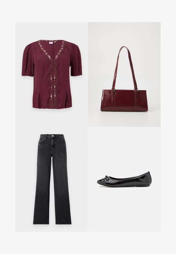 Bourgognefarvet kortærmet bluse med bølget blonderkant langs V-halsen og knappet front, med lette plisseringer nær kanten.; Blå brede benjeans lavet af denim, med høj talje, bælteløkker og klassisk fem-lomme design med kobberdetaljer.; Sorte patentlæder balletflade med spids tå, dekorativ sløjfe foran og en tekstureret gummisål.; Bordeaux håndtaske lavet af glansfuldt materiale, rektangulær form, med to skulderremme og subtile buede detaljer på forsiden.