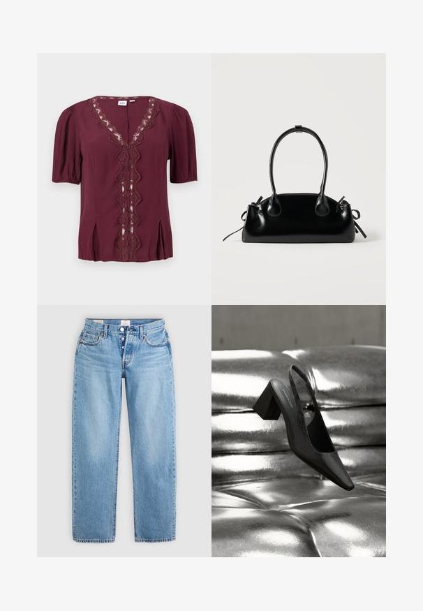 Bourgognefarvet kortærmet bluse med bølget blonderkant langs V-halsen og knappet front, med lette plisseringer nær kanten.; Lysblå denim jeans med lige snit, fem lommer og knaplukning. Har syet detaljer og en ren kant.; Sort slingback-hæl med spids tå, der har en tekstureret overflade og en chunky blokhæl. Lagt mod en skinnende, metallisk baggrund.; Lille sort blank håndtaske med to lange håndtag og snøre-detaljer i siden på en ensfarvet lys baggrund.