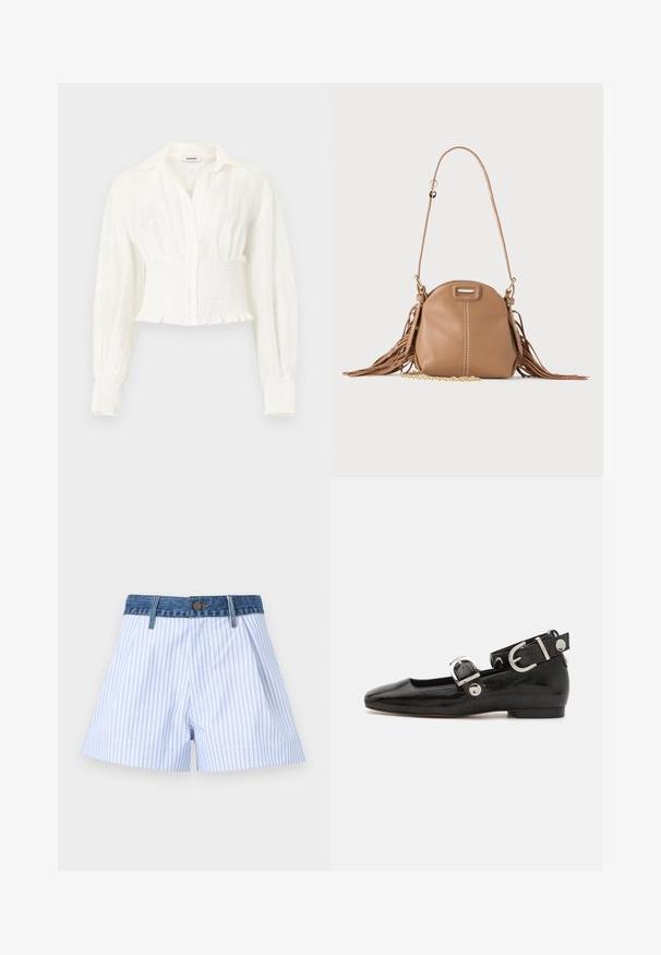Hvid bluse med lange ærmer, rynket talje og manchetter, knapper foran og spids krave på ensfarvet baggrund.; Blå og hvide lodrette stribede shorts med denimtaljebånd og knaplukning, vist mod en ensfarvet baggrund.; Sorte patenteret lædersko med firkantet tå, ankelrem med sølvhardware og flad sål. Glat tekstur med minimalistisk design.; Lille tanfarvet læder skuldertaske med lang rem, guldkæde detalje og frynser på begge sider mod en neutral baggrund.