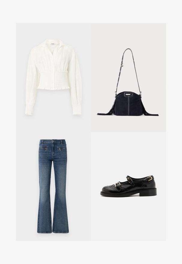Blouse blanche à manches longues avec taille et poignets froncés, devant boutonné et col pointu sur un fond uni.; Jeans en denim bleu évasés avec une taille mi-haute, dotés de poches avant et arrière et d'un léger délavage.; Chaussures en cuir noir avec détails de brogue, dotées de deux sangles à boucle, d'un bout arrondi et d'un talon bas. Texture lisse avec finition brillante.; Sac à main en daim bleu foncé avec des coutures blanches, une poignée découpée, une bandoulière à motif et de longues franges des deux côtés.