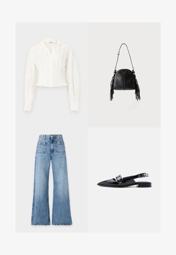 Hvit bluse med lange ermer, rynket midje og mansjetter, knappet foran og spiss krage på ensfarget bakgrunn.; Blå jeans med høy midje og vide ben, med beltestropper, påsydde lommer foran, knapp og glidelås.; Sort spissflat i lakkskinn med doble sølvsperrestraps og slingback-hæl på hvit bakgrunn.; Svart skinnveske med buet form, lang justerbar stropp og frynser på begge sider mot en lys bakgrunn.
