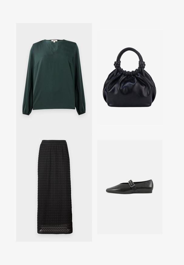 Mørkegrøn bluse med lange ærmer, V-udskæring og elastiske manchetter. Glat, letvægtsstof med et minimalistisk design.; Sort midi-nederdel med et struktureret, honningkage mønster og et bredt elastisk taljebånd. Nederkanten har bølget detaljer for en ekstra design-effekt.; Sorte læder flade sko med spidse tæer, prydet med en metallisk spænde over vristen og en lav, fleksibel sål.; Sort blød læderhåndtaske med samlet top og to tykke håndtag bundet i knuder mod en ensfarvet lys baggrund.