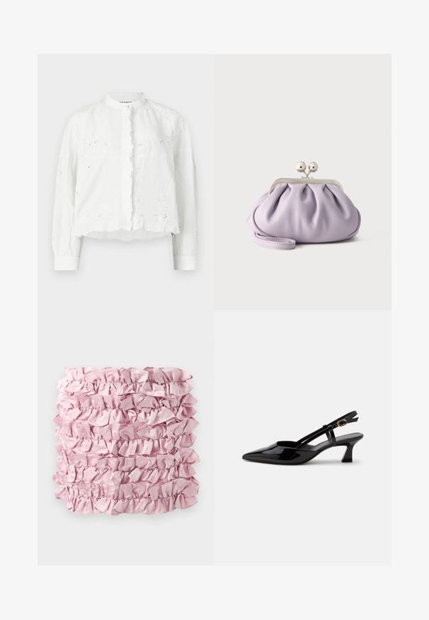 Blouse blanche à col volanté, manches longues et fermeture à boutons. Dotée d'une broderie florale et d'un design court et texturé.; Tissu froncé rose présentant plusieurs couches d'une texture douce et satinée avec des bords froncés. Forme rectangulaire avec une couleur riche et uniforme.; Chaussure slingback en cuir verni noir à petit talon, bout pointu et bride réglable avec boucle dorée sur fond blanc.; Pochette lavande douce avec tissu froncé, fermoir kiss-lock argenté et bracelet assorti sur un fond clair uni.
