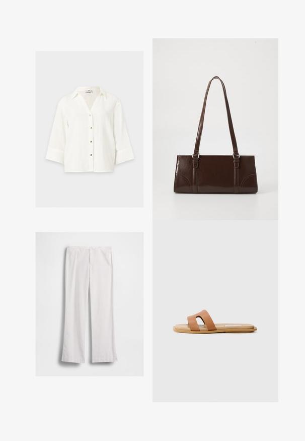 Blouse blanche manches longues avec col et cinq boutons dorés sur le devant, présentée sur un fond uni.; Pantalon blanc à jambes droites avec fermeture éclair et bouton à l'avant, présenté à plat sur fond blanc.; Sandale glissante marron avec deux larges bretelles, semelle plate et texture lisse. Le coussin est beige avec une apparence rembourrée.; Sac à main en cuir verni marron de forme rectangulaire, avec deux longues poignées et des accents courbés subtils à l'avant.