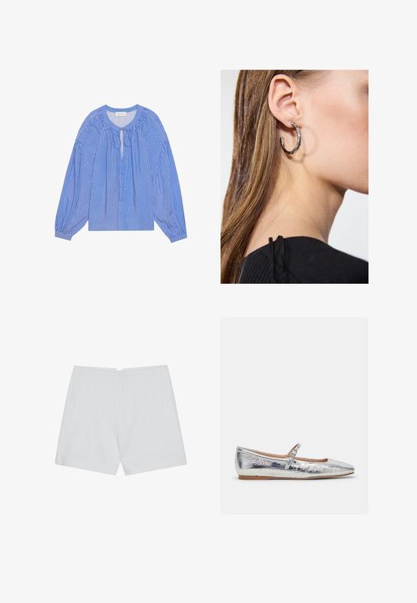 Blauw-wit gestreept shirt met een geraffineerde halslijn en een trekkoord, lange pofmouwen en een relaxed fit.; Witte shorts met een op maat gemaakte uitstraling, vlakke voorkant, twee zijzakken en een nette zoom. Gemaakt van een soepel materiaal zonder zichtbare patronen.; Zilveren metallic ballerina met een amandelvormige neus, een dunne band over de wreef en een gestructureerde afwerking. Platte zool en een minimalistisch ontwerp.; Zilveren oorbel met een gepolijste afwerking, met kleine gouden accentdetails en een ronde vorm, gedragen op de oorlel.