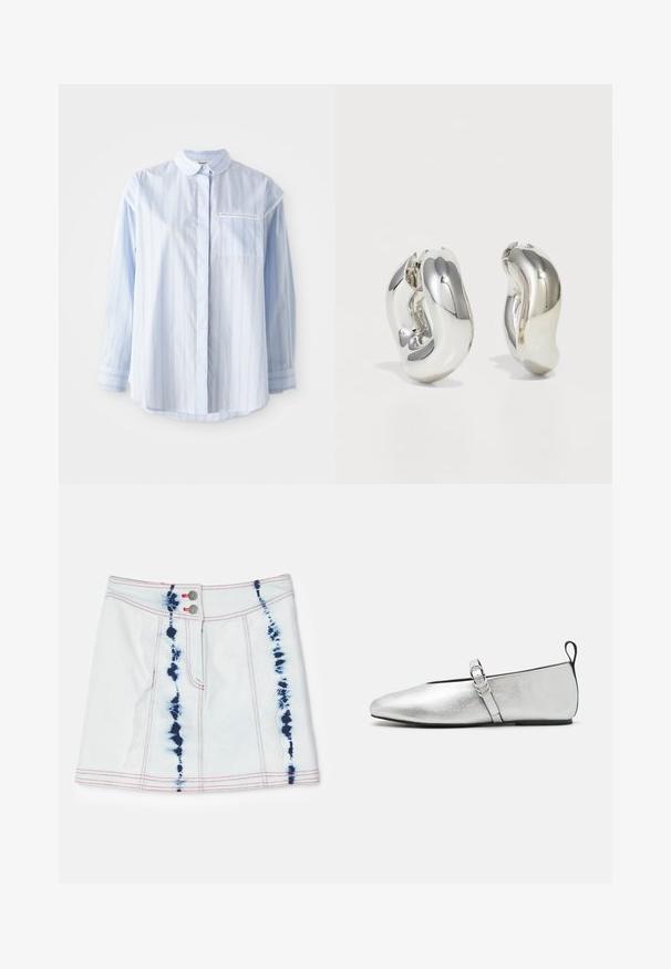 Lyseblå langærmet skjorte med lodrette striber, knapkrave, enkelt brystlomme og manchetter med bånd. Fremstillet af blødt bomuldsstof.; Lys blå denim mini-nederdel med tie-dye mønstre i mørk blå. Har rød syning og to frontknapper. Kort længde med en tætsiddende pasform.; rag & bone SPIRE MARY JANE - Ballerinasko m/ rem - silver; Sølvskulpturelle øreringe med glatte, buede former og reflekterende overflader. Har et lukket hoop-design og en markant organisk form.