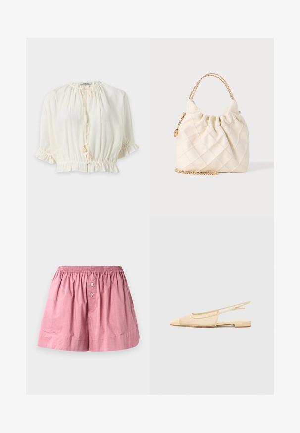 Witte gestructureerde blouse met driekwart mouwen, ronde hals met koordje, knopen aan de voorkant en een geplooide elastische taille en manchetten.; Roze katoenen slaapshorts met een elastische tailleband, twee voorste knopen en een losse pasvorm. De stof is soepel met een licht gekreukt textuur.; Slingback ballerina in lichtbeige met een mesh bovenwerk, spitse neus en een lage hak. Voorzien van een verstelbare band voor een goede pasvorm.; Crèmekleurige doorgestikte handtas met geplooide bovenkant en gouden kettinghandvatten, rechtopstaand op een eenvoudige witte ondergrond.