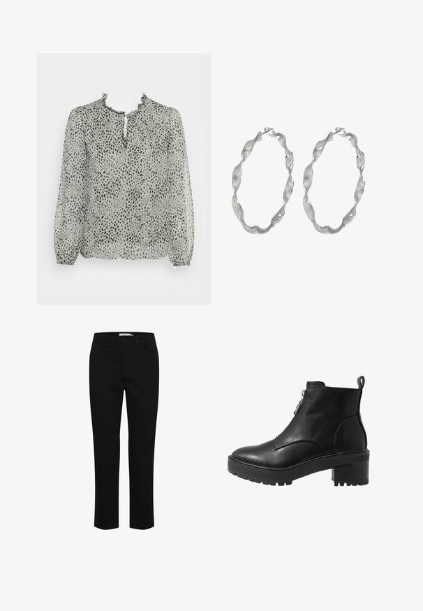 ONLY ONLDITSY BLOUSE - Bluse - seagrass aop/dot leo; Schwarze Baumwollhose mit geradem Schnitt. Verfügt über fünf Taschen und einen vorderen Knopfverschluss. Glatte Textur, minimale Nähdetails.; Schwarze Leder-Ankle-Boots mit einem seitlichen Reißverschluss, robustem schwarzen Absatz und strukturiertem Sohlen für besseren Halt. Glatte Oberfläche mit minimalen Akzenten.; Silberne Creolen mit einem verdrehten Design, das eine strukturierte Oberfläche und einen sicheren Verschluss aufweist. Leicht und reflektierend mit einer eleganten Oberfläche.