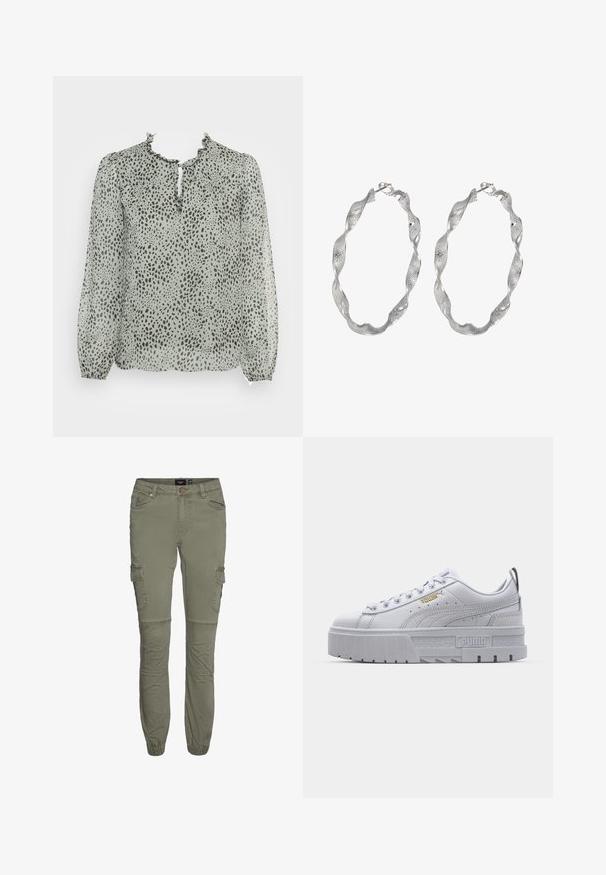 ONLY ONLDITSY BLOUSE - Blúzka - seagrass aop/dot leo; Olive zelené cargo nohavice z odolnej bavlnenej zmesi s užšími manžetami, viacerými vreckami a prestrihmi na kolenách pre väčšiu pohyblivosť.; Biele platformové tenisky so hladkým koženým zvrškom, polstrovaným golierom, šedou gumovou podrážkou a zlatými akcentami, v ktorých sa nachádza logo Puma.; Strieborné kruhové náušnice so skrúteným dizajnom, s textúrovaným povrchom a bezpečným zapínaním. Ľahké a reflexné s elegantným povrchom.