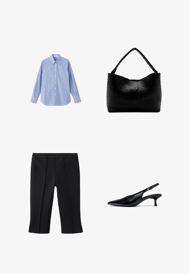 Chemise à rayures bleues et blanches avec boutons, manches longues, col pointu et manches à poignets, fabriquée en tissu léger.; Pantalon noir court avec deux plis avant, texture lisse et fermeture éclair latérale. Design sur mesure, sans motifs visibles.; Escarpin slingback en cuir noir à talon kitten, avec bout pointu et bride réglable avec boucle, sur fond blanc.; Sac à main tissé noir avec une anse unique tressée, forme rectangulaire et surface texturée brillante.