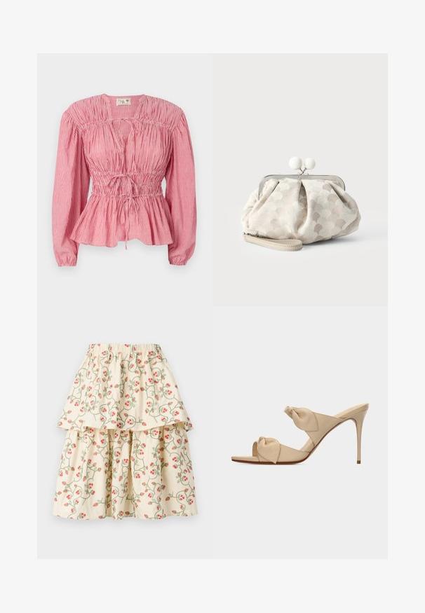 Rød og hvidstribet bluse med lange ærmer, samlet liv og justerbar snor i taljen, med en peplum-søm.; Cremefarvet lagdelt nederdel med et blomsterdesign af røde jordbær og grønne vinstokke. Elastisk talje for komfort og pasform.; Beige åben tå højhælet mule-sandal med to snoede knudestrimler og en slank stilet-hæl på hvid baggrund.; Lille beige clutch- taske med tekstureret prikket stof, sølvramme, rund hvid lukning og aftagelig håndledsrem på ensfarvet baggrund.