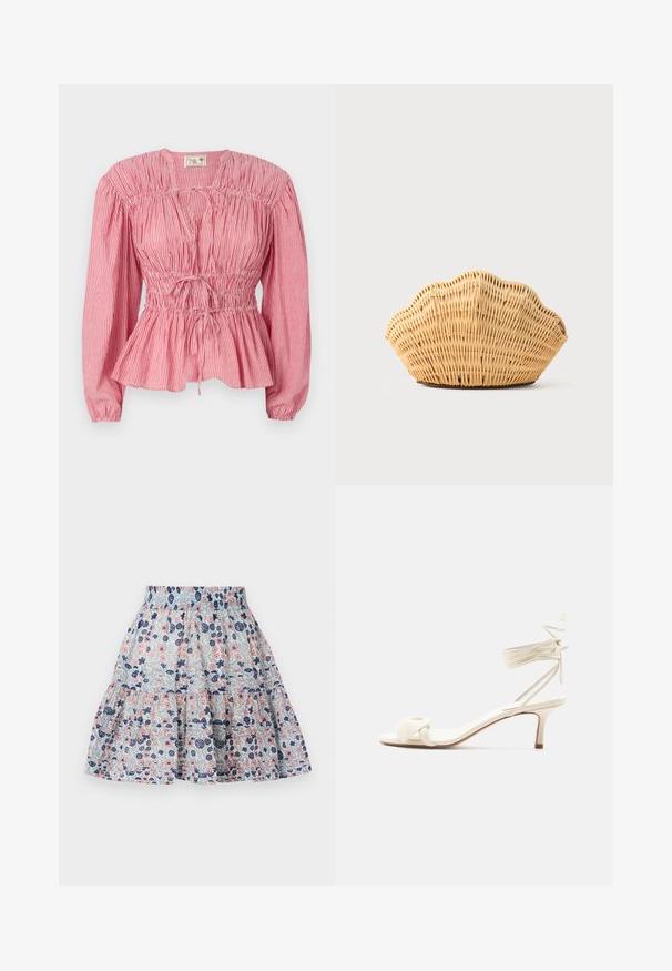 Blusa de rayas rojas y blancas con mangas largas, cuerpo fruncido y cordón ajustable en la cintura, que presenta un dobladillo peplum.; Falda de estampado floral en azul claro, con flores en tonos rosa y marino. Diseño en capas con una cinturilla elástica y tela suave y texturizada.; Sandalia de tacón bajo color crema con lazos alrededor del tobillo y una amplia tira retorcida sobre los dedos, sobre un fondo blanco liso.; Bolso de mano de ratán tejido con forma de concha de vieira, de color marrón claro natural y bordes redondeados y texturizados.