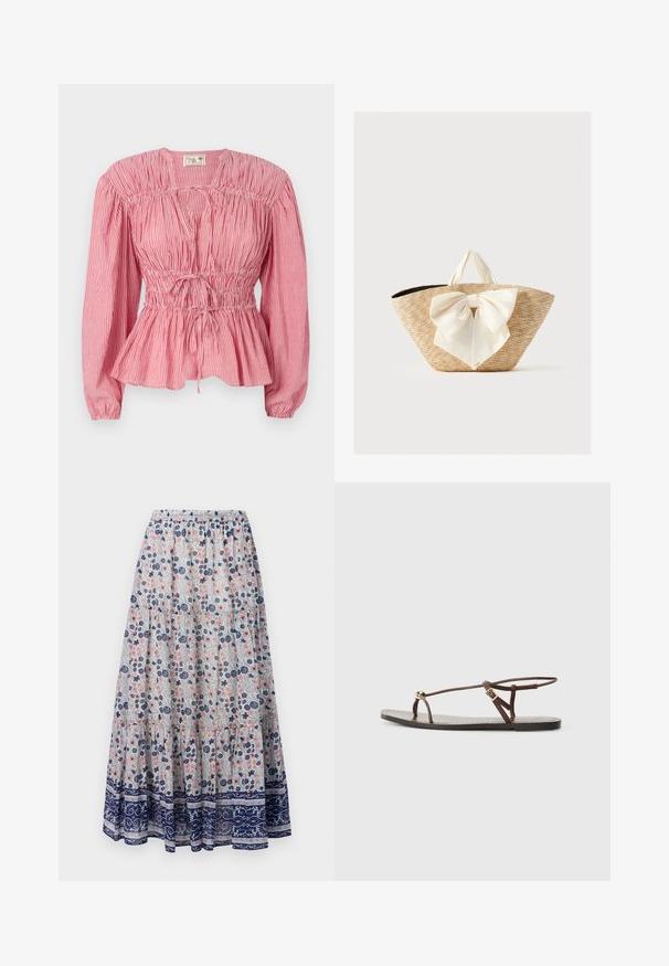 Blusa de rayas rojas y blancas con mangas largas, cuerpo fruncido y cordón ajustable en la cintura, que presenta un dobladillo peplum.; Falda maxi floral con fondo gris, que presenta flores rosas y azules, diseño en capas y un dobladillo con patrón en azul marino. Cintura elástica.; Sandalia de cuero marrón con tiras finas, un acento circular dorado y suela plana. Diseño minimalista con un detalle de hebilla ajustable.; Bolsa tote de paja tejida con asas de tela color crema y un gran lazo decorativo color crema en la parte delantera, sobre un fondo liso.