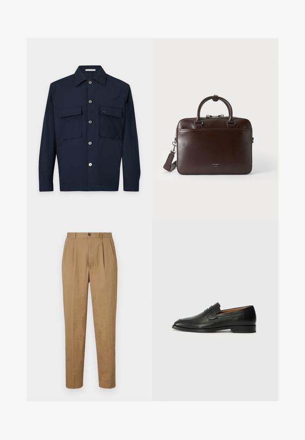 Veste-chemise bleu marine foncé avec deux poches à rabat à l'avant, manches longues et col pointu, présentée sur un fond clair.; Pantalons plissés beiges à coupe droite, fabriqués dans un tissu lisse. Dotés d'une fermeture à bouton sur le devant et de poches latérales.; Mocassin en cuir noir avec un bout arrondi, des coutures subtiles et un talon bas, présentant une texture lisse et un design minimaliste.; Serviette en cuir brun foncé avec deux poignées, une bandoulière détachable et un petit logo à l'avant sur un fond uni.
