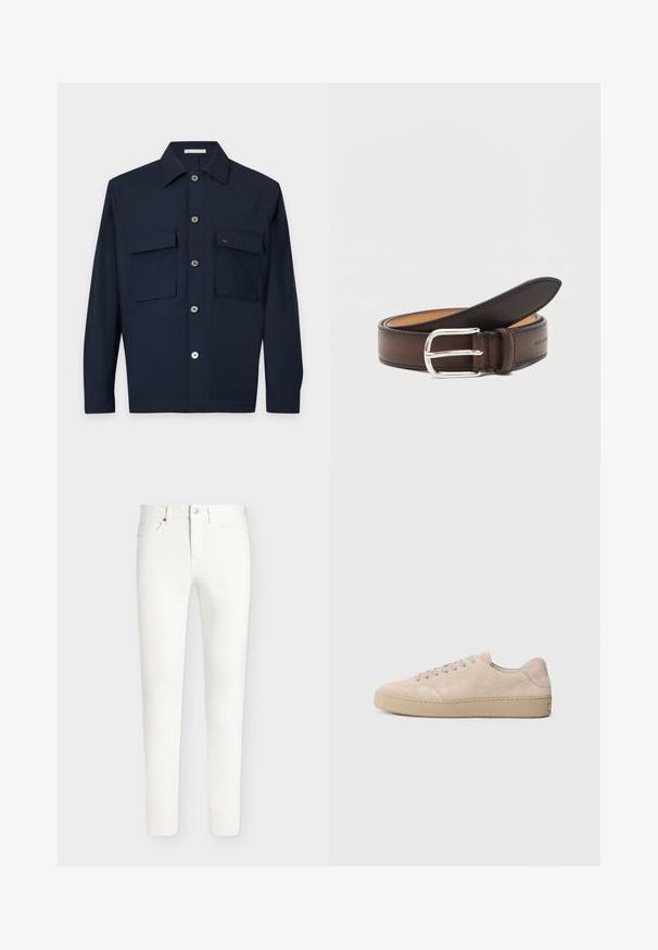 Veste-chemise bleu marine foncé avec deux poches à rabat à l'avant, manches longues et col pointu, présentée sur un fond clair.; Jean slim blanc avec poches avant et arrière, fermeture par boutons et passants de ceinture, présenté sur un fond uni.; Baskets en daim beige avec un bout rond, des lacets plats et une semelle en caoutchouc texturé. Design minimaliste avec des bords lisses et des coutures discrètes.; Ceinture en cuir marron foncé roulée avec une boucle rectangulaire argentée sur fond blanc.
